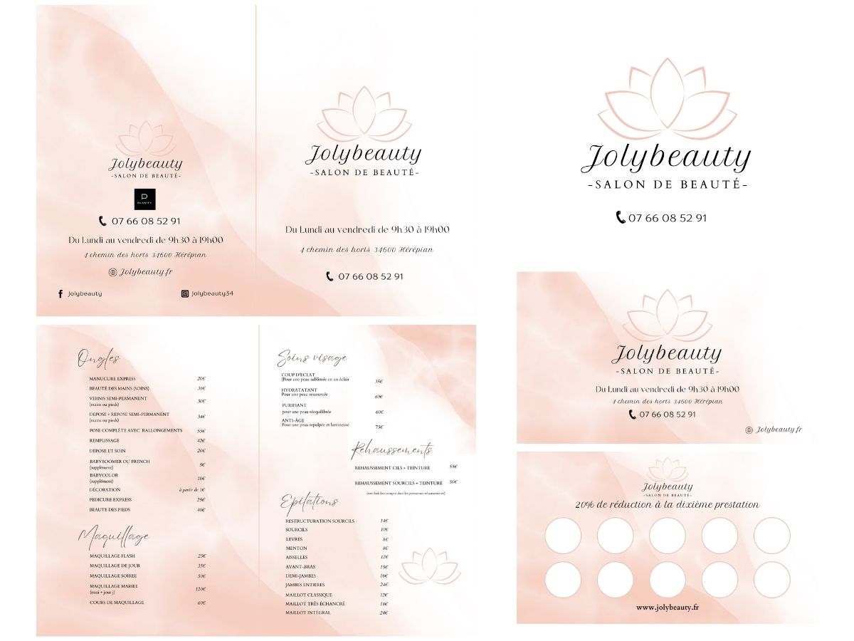 Création du logo, du flyer, de la carte de visite et de la carte de fidélité Joly Beauty